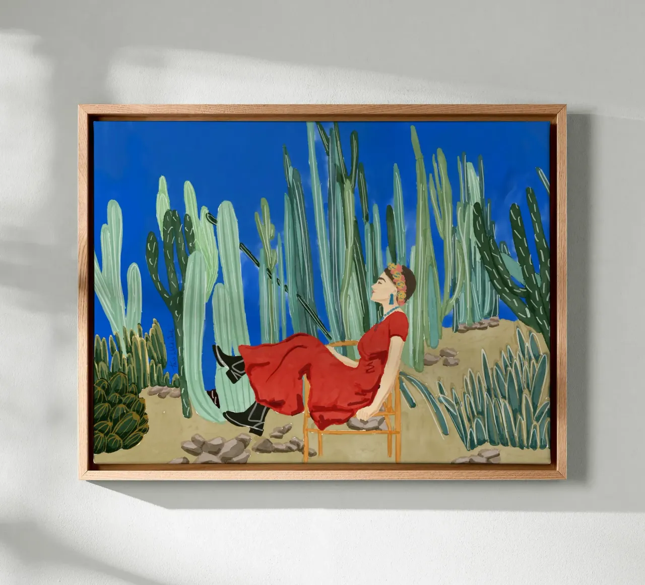 Frida Khalo in her Cacti La Casa Azul Blue Cactus Garden canvas with Floater frame by This Wild Soul - Illustration