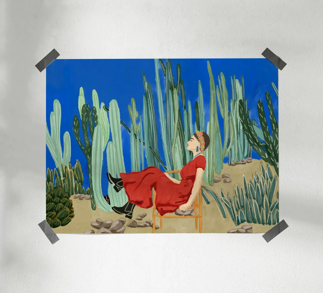 Frida Khalo nel suo giardino di cactus blu La Casa Azul poster con telaio in plastica da This Wild Soul - Illustration