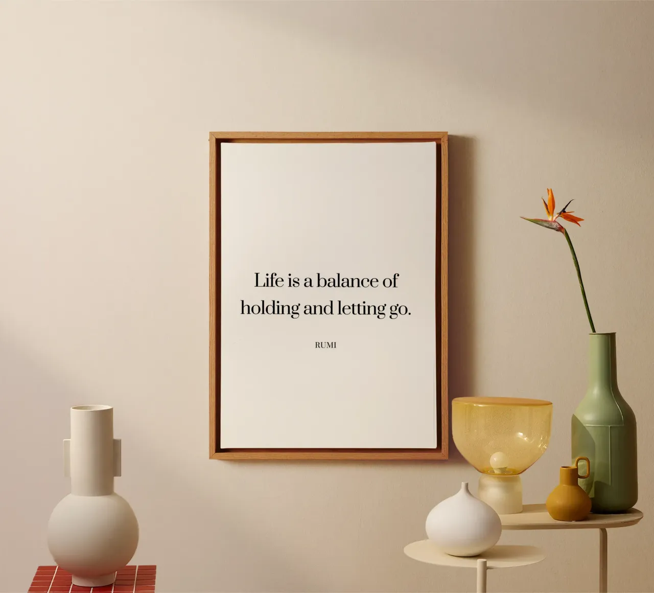 Holding and letteing go quote canvas with Floater frame by Paigaam Studio