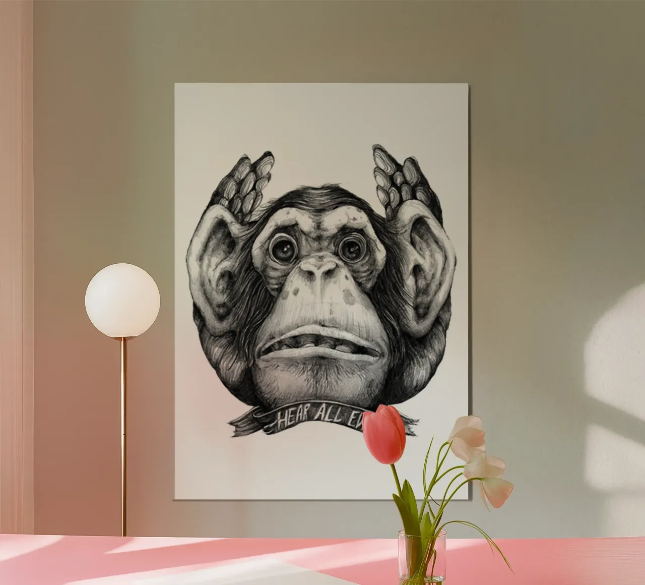 Ascolta tutti i mostri scimmia malvagi di tendenza ora poster con telaio in plastica da Urban Life