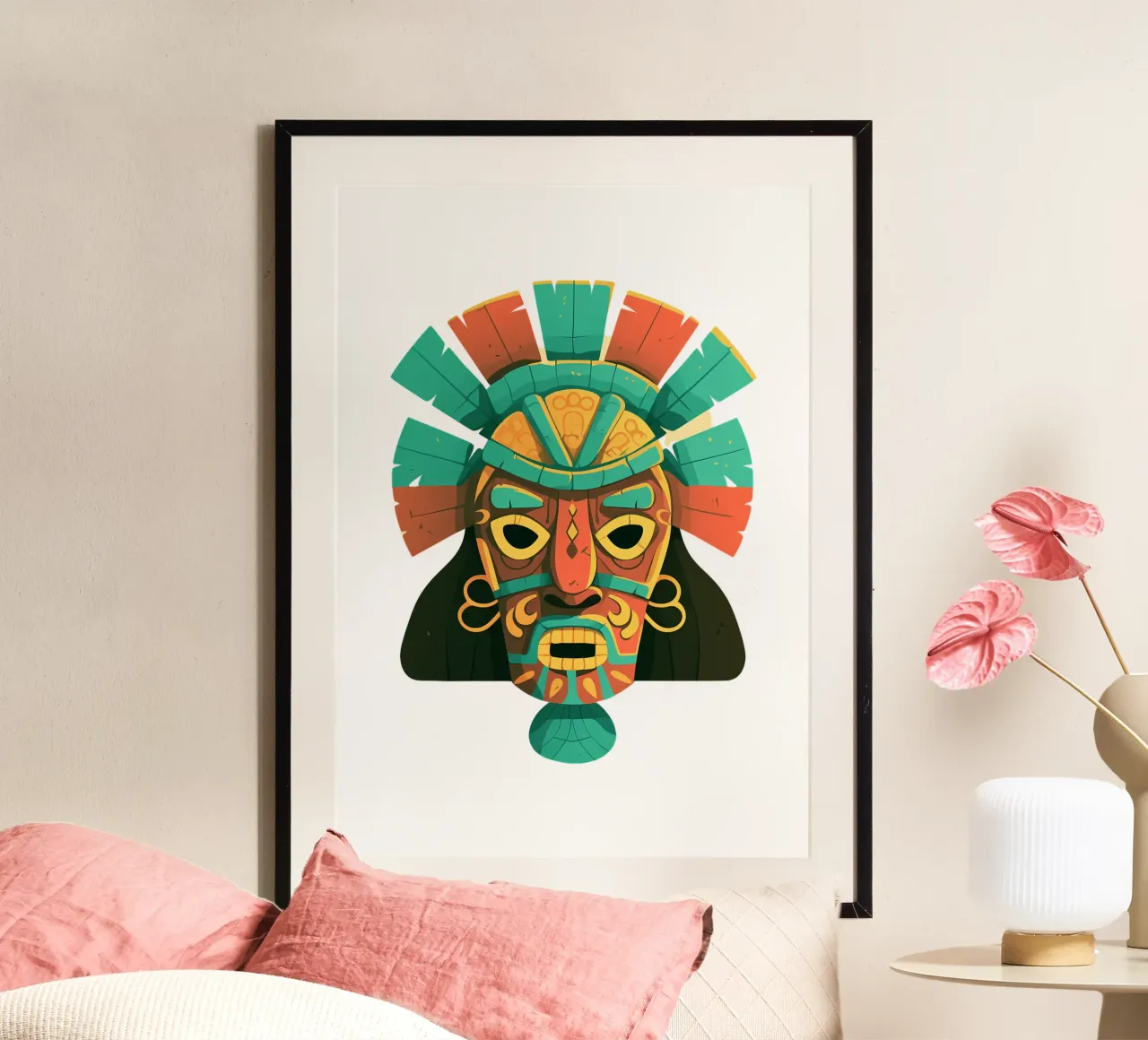 Antica maschera d'arte tribale colorata di tendenza ora poster con telaio in plastica da Urban Life