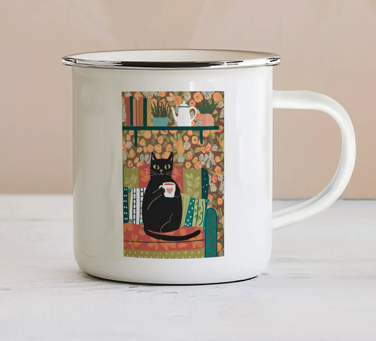 Gatto sul divano tazza in smalto da logic