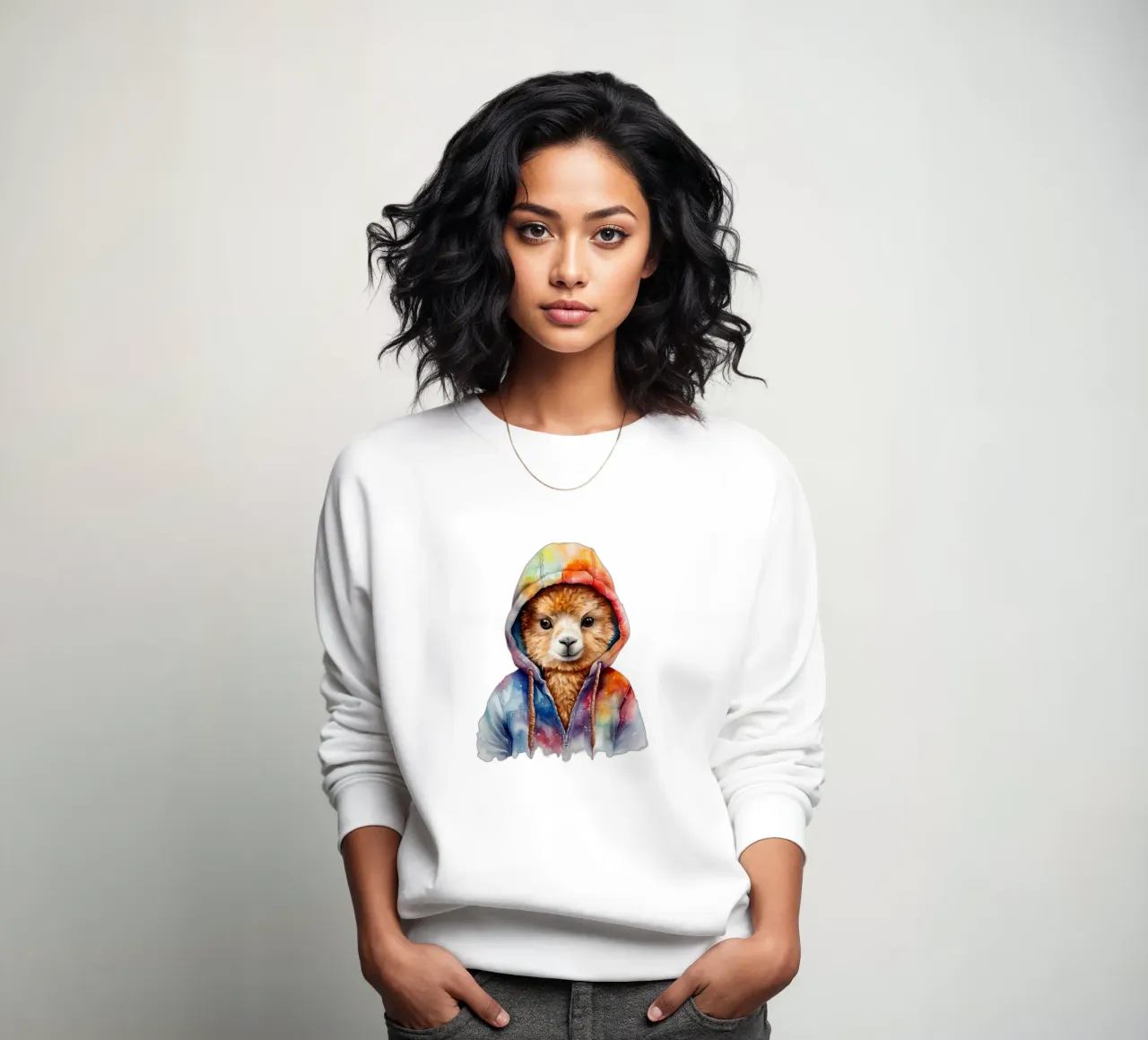 Aquarell Cartoon Alpaka im Kapuzenpulli Sweatshirt von Animal Portraits