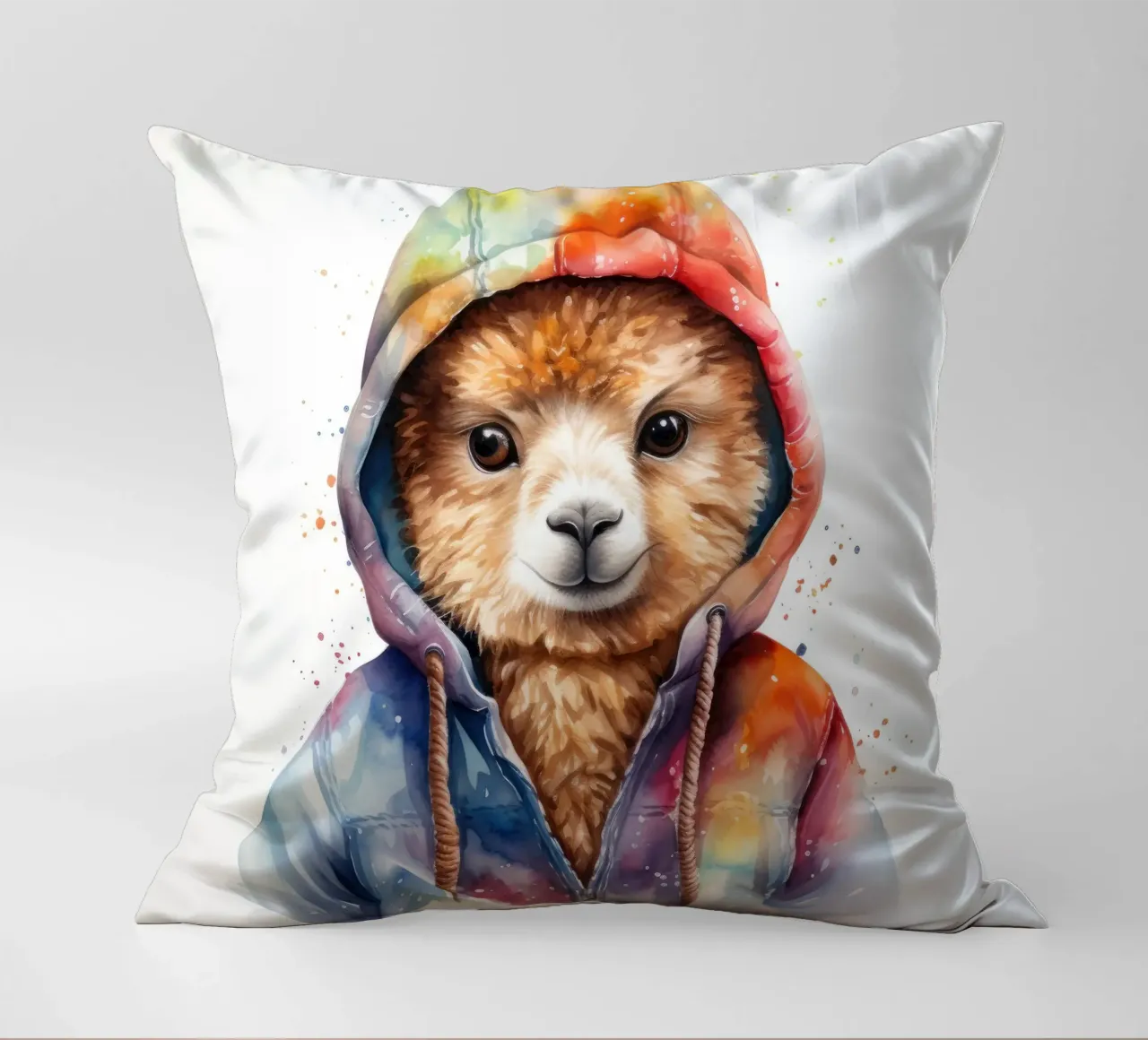 Acquerello Cartoon Alpaca in felpa con cappuccio cuscino da Animal Portraits