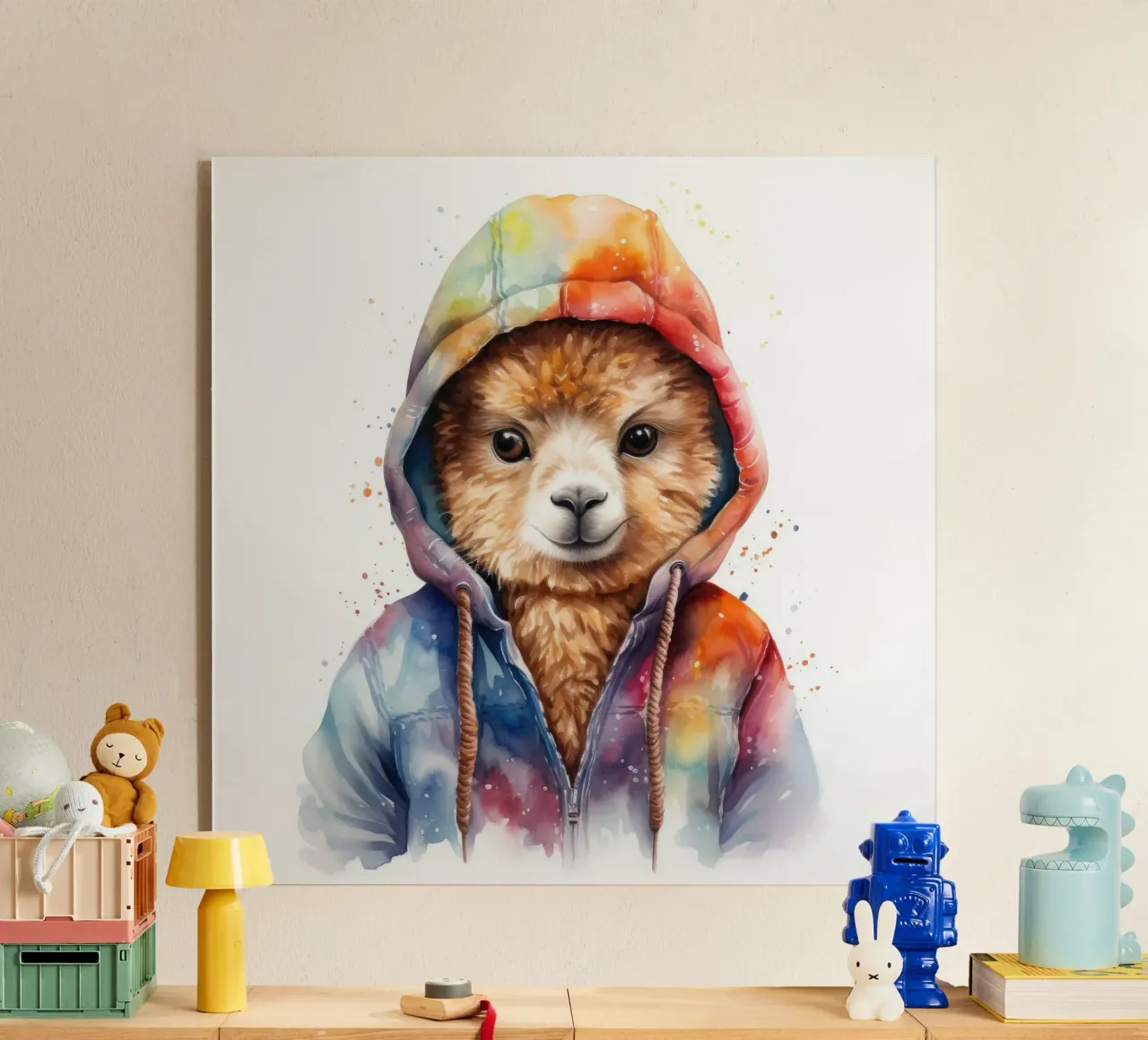 Acquerello Cartoon Alpaca in felpa con cappuccio plexiglass da Animal Portraits