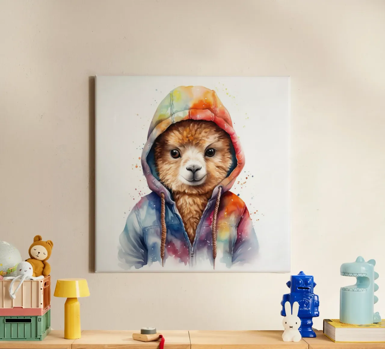Acquerello Cartoon Alpaca in felpa con cappuccio tela con Cornice a cassetta da Animal Portraits