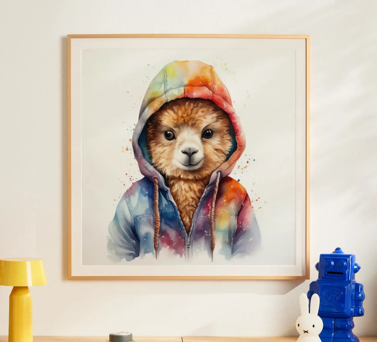 Acquerello Cartoon Alpaca in felpa con cappuccio carta hahnemühle da Animal Portraits