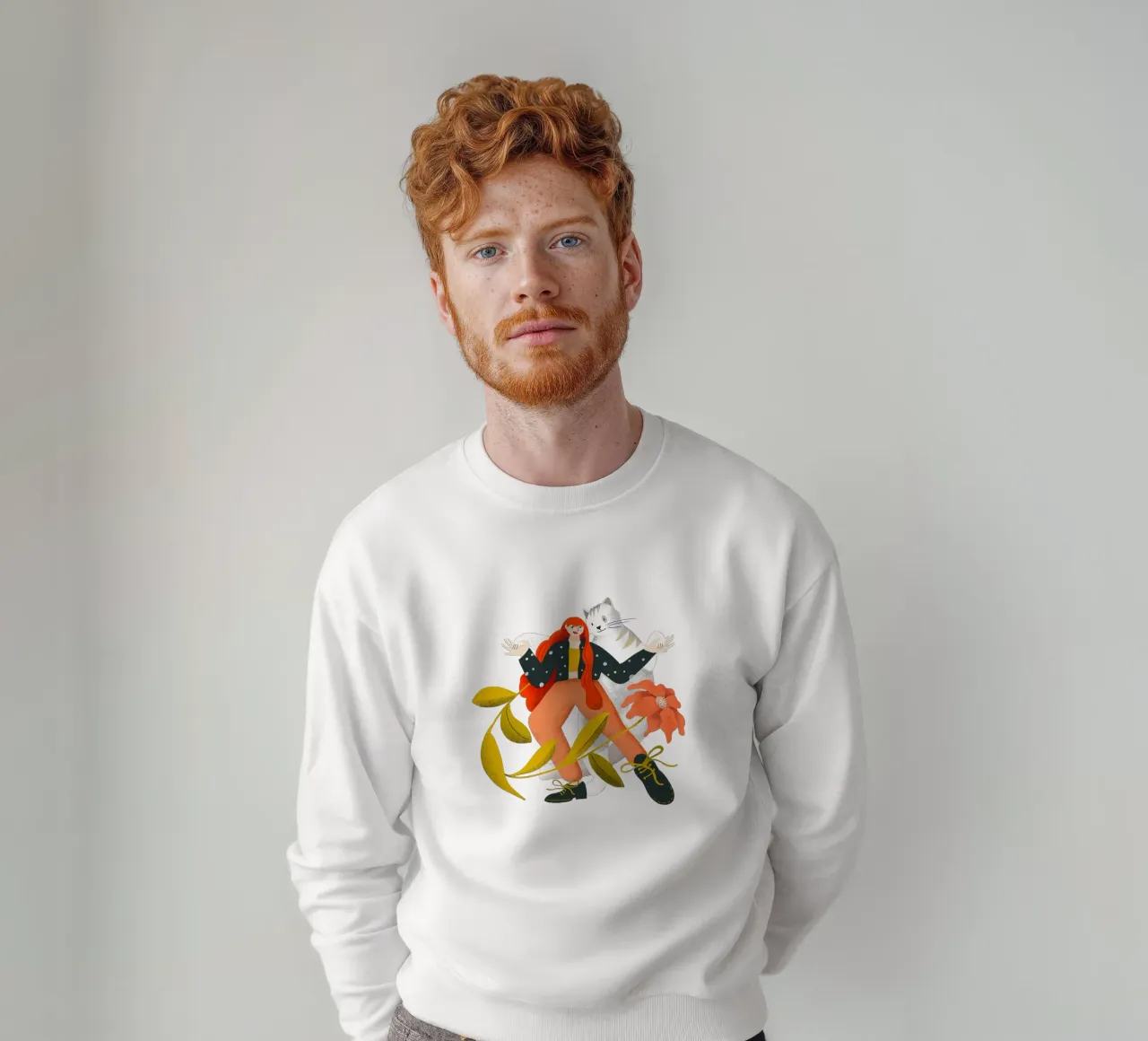 Femme dansant avec un grand chat blanc avec une fleur sweat de Bold & Beautiful