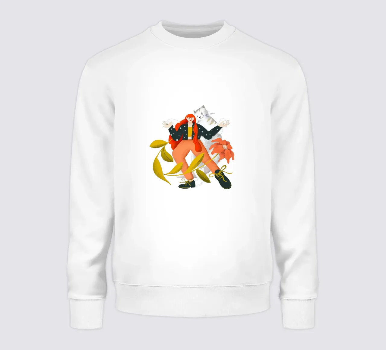 Femme dansant avec un grand chat blanc avec une fleur sweat de Bold & Beautiful