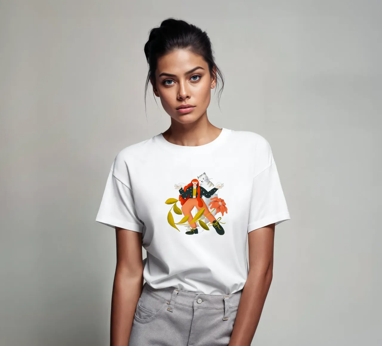 Woman dancing with big white cat with flower t-shirt by Bold & Beautiful