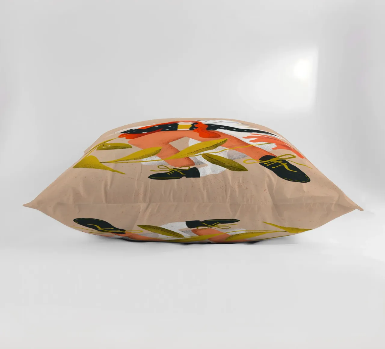 Woman dancing with big white cat with flower decorative cushion by Bold & Beautiful