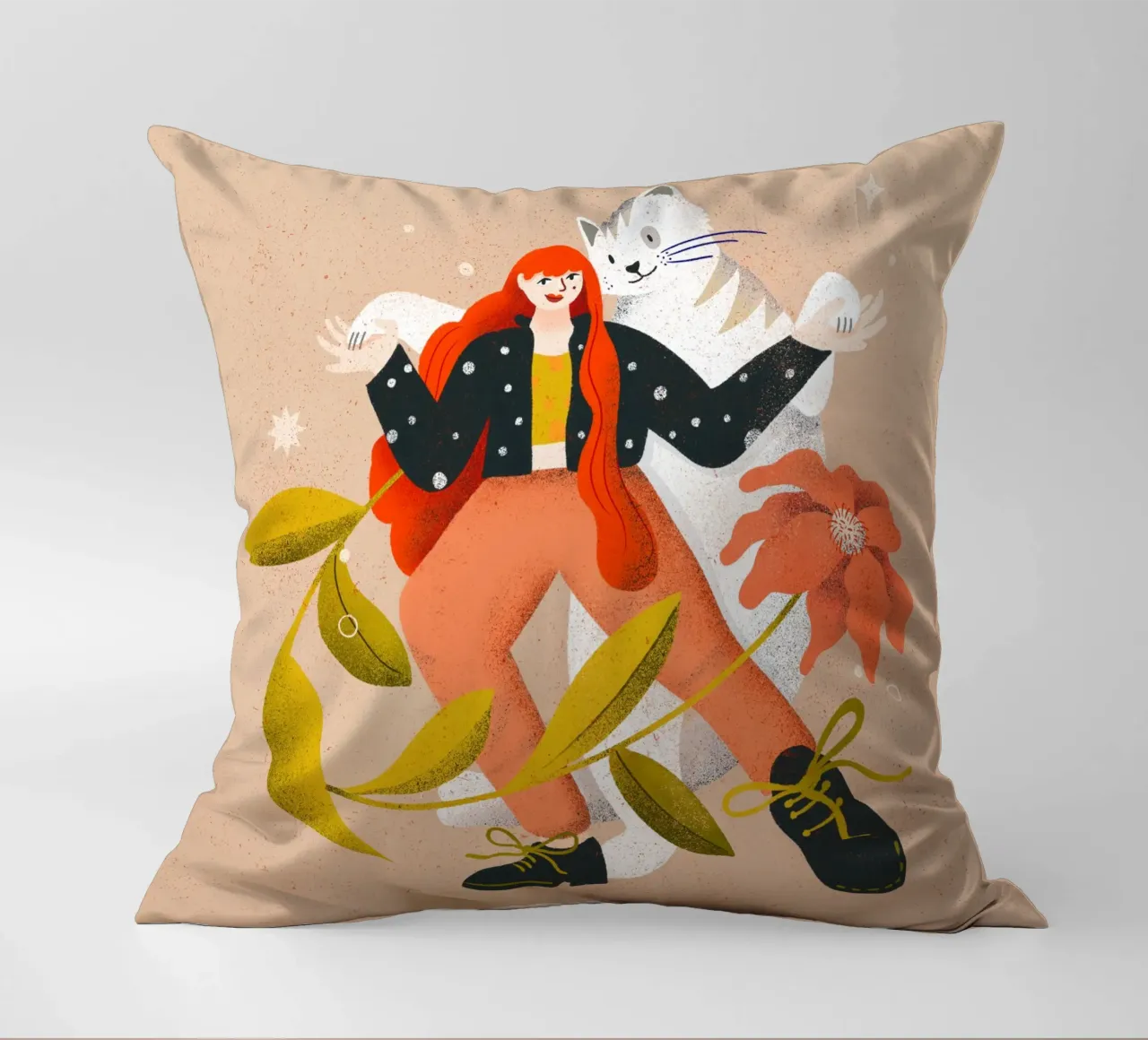 Woman dancing with big white cat with flower decorative cushion by Bold & Beautiful