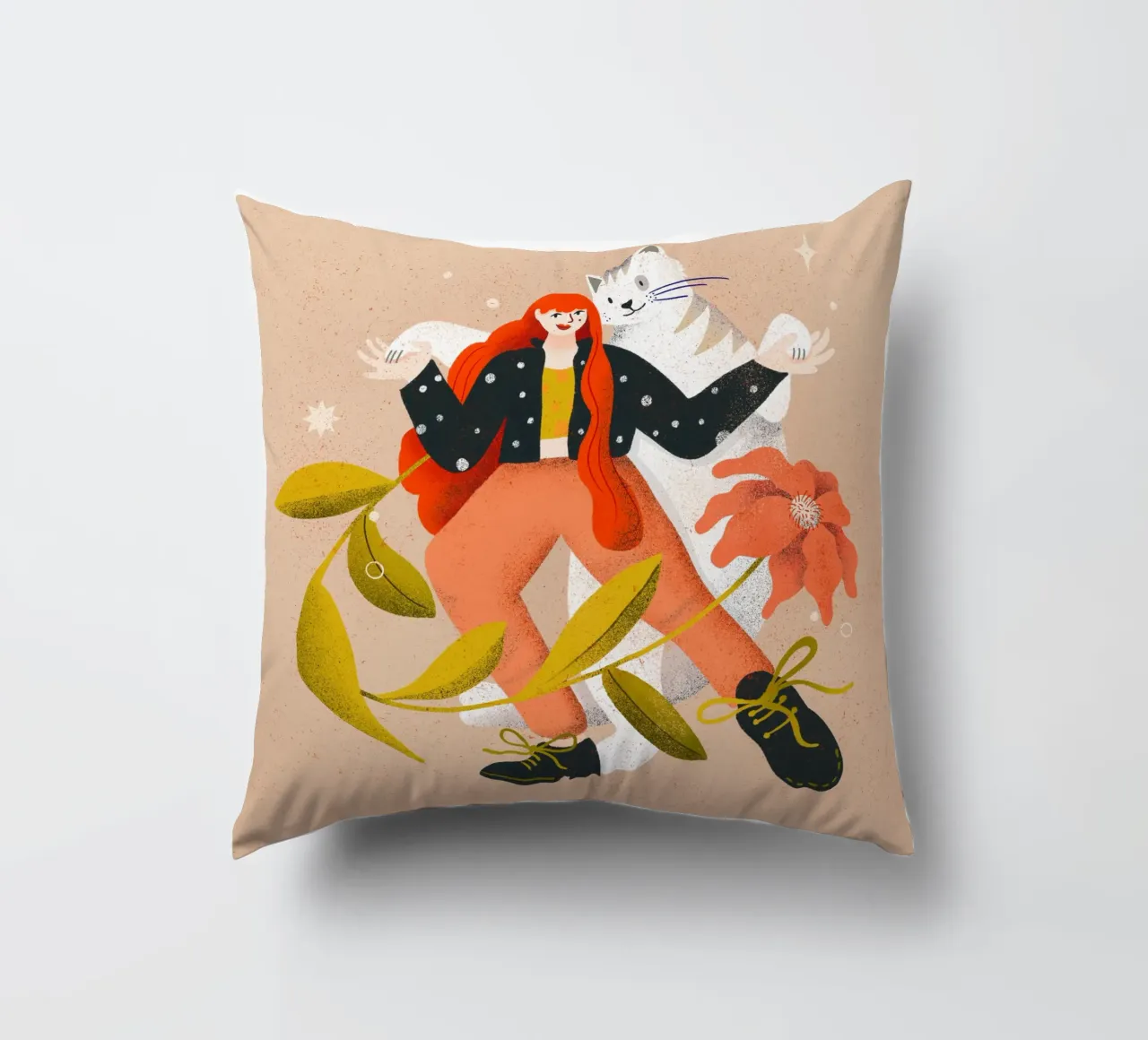 Woman dancing with big white cat with flower decorative cushion by Bold & Beautiful