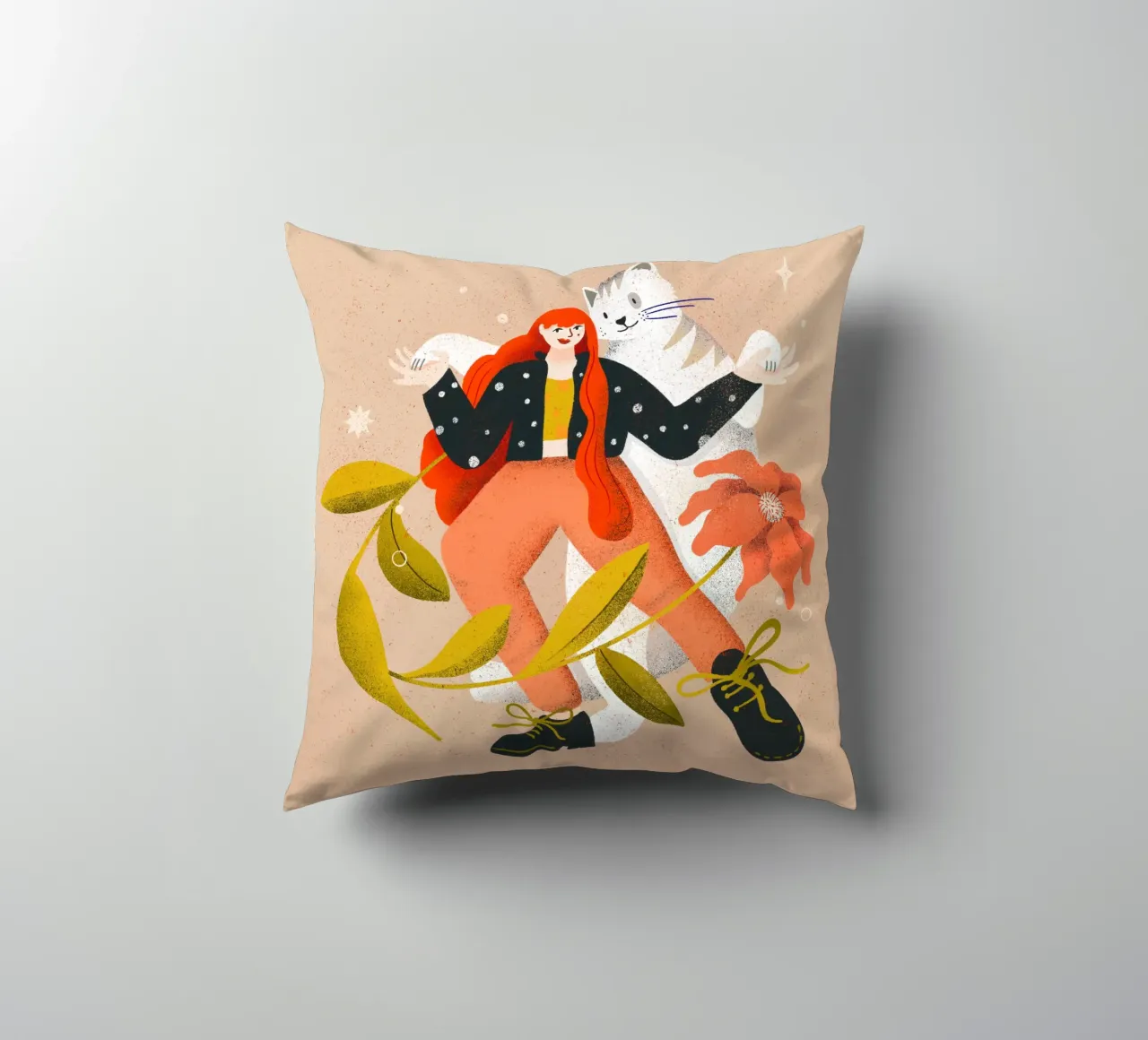 Woman dancing with big white cat with flower decorative cushion by Bold & Beautiful