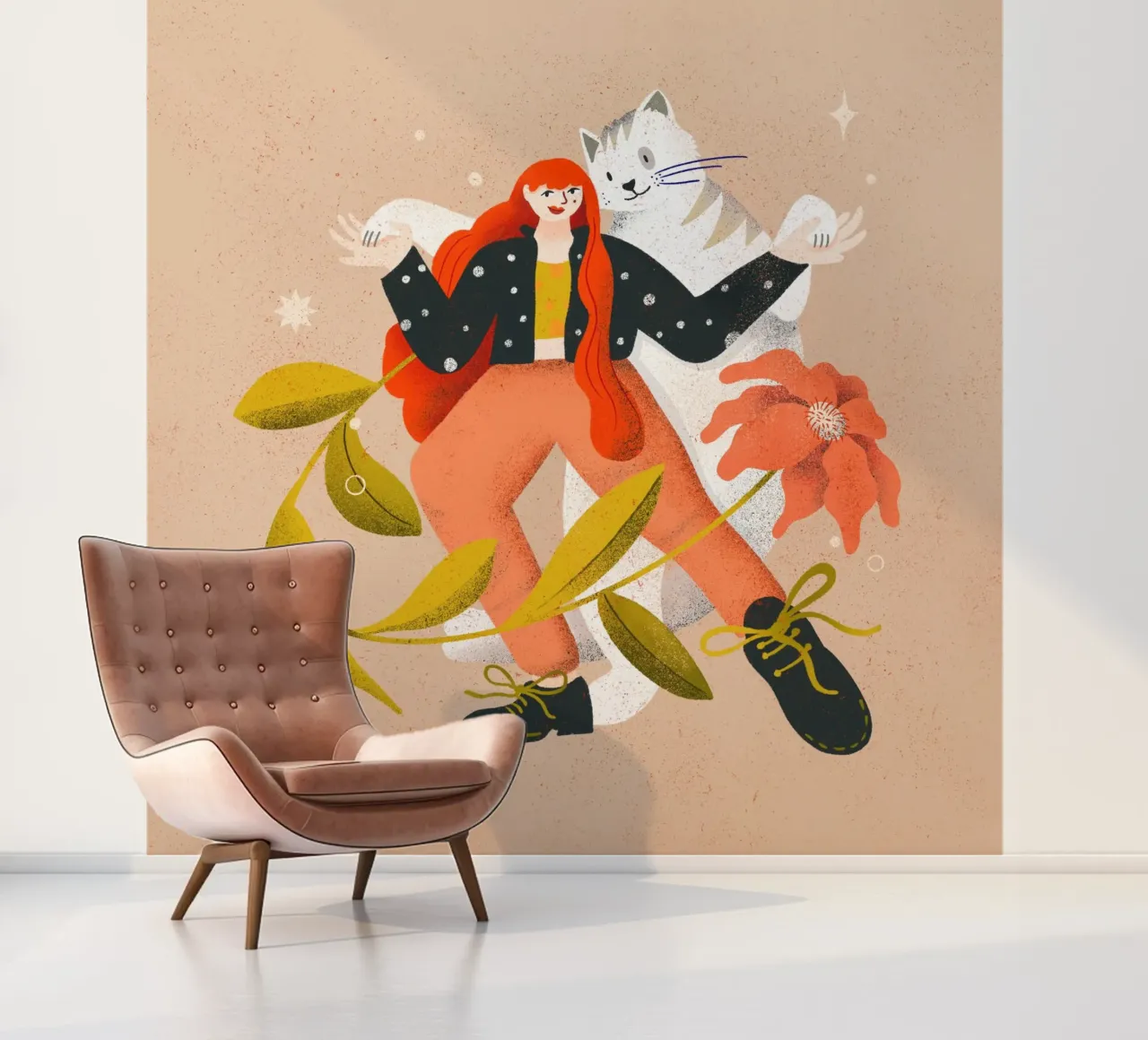 Femme dansant avec un grand chat blanc avec une fleur papier peint photo de Bold & Beautiful
