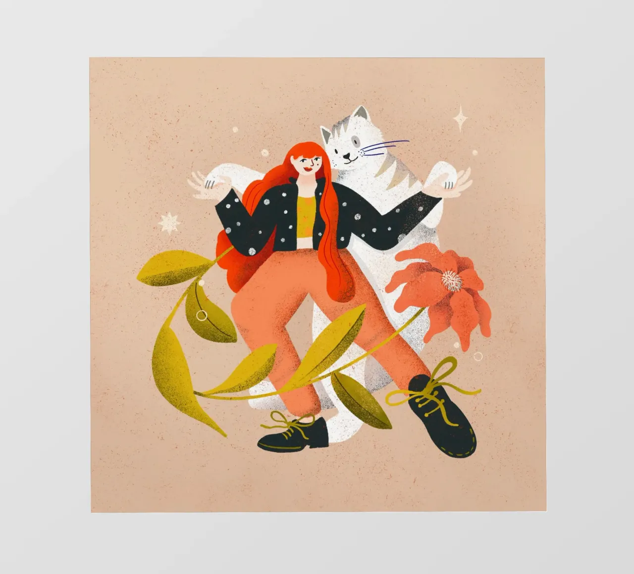 Femme dansant avec un grand chat blanc avec une fleur papier peint photo de Bold & Beautiful