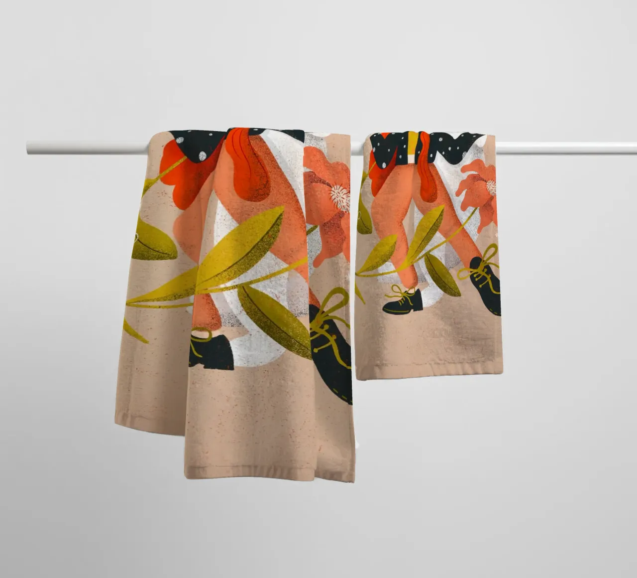 Femme dansant avec un grand chat blanc avec une fleur serviette de bain de Bold & Beautiful