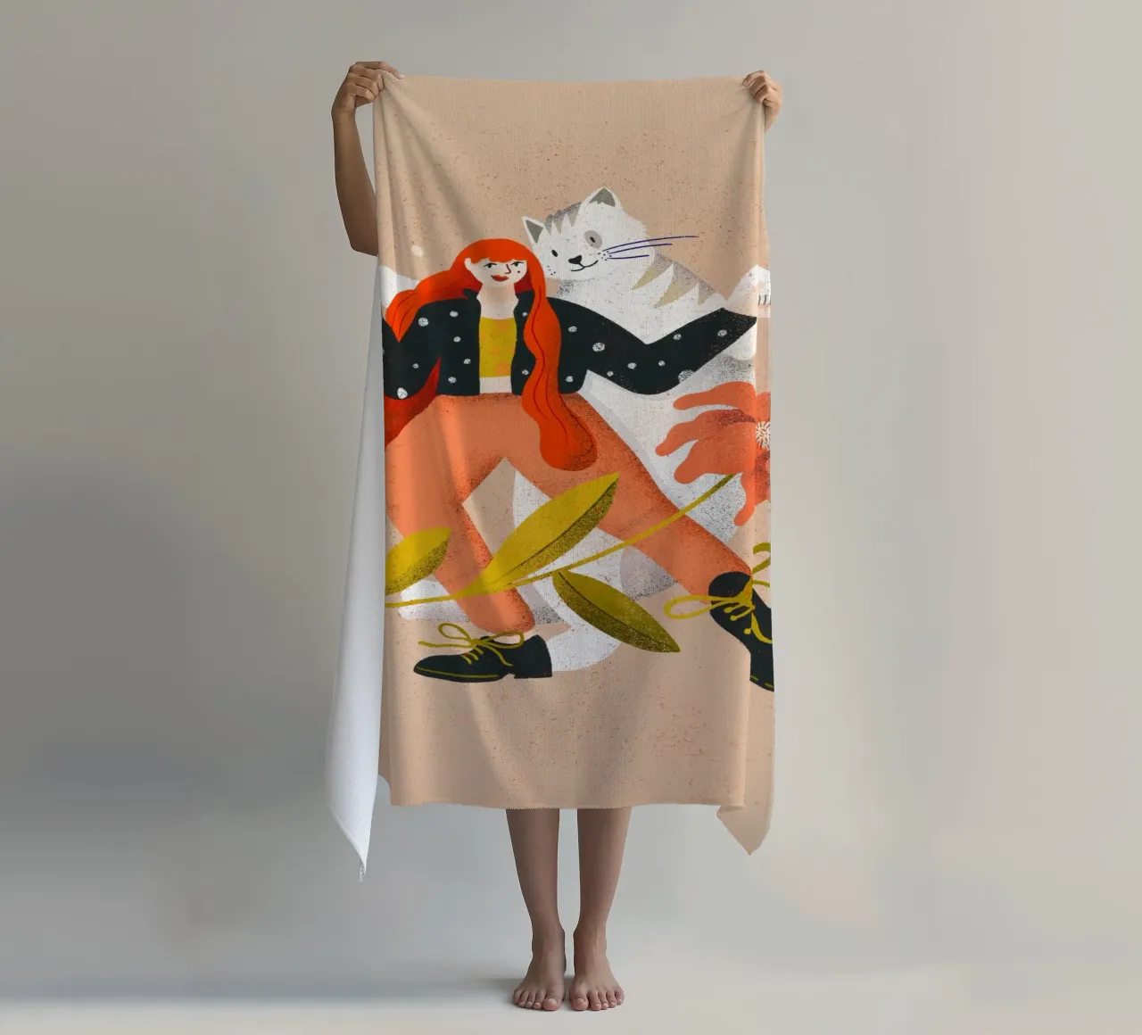 Woman dancing with big white cat with flower beach towel by Bold & Beautiful