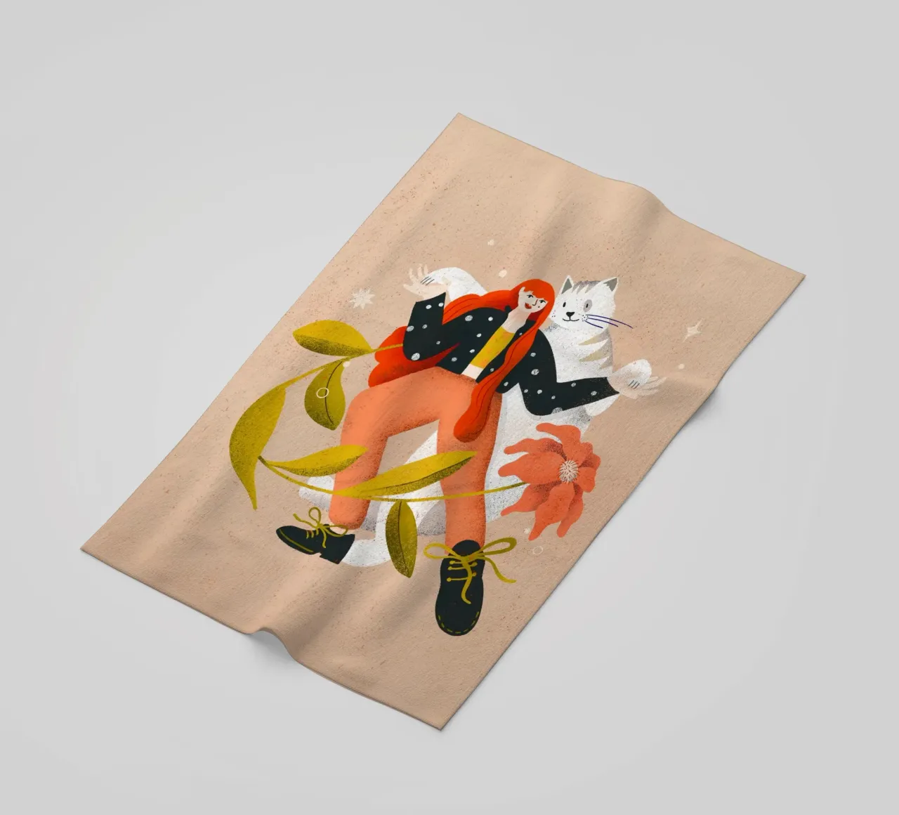 Woman dancing with big white cat with flower beach towel by Bold & Beautiful