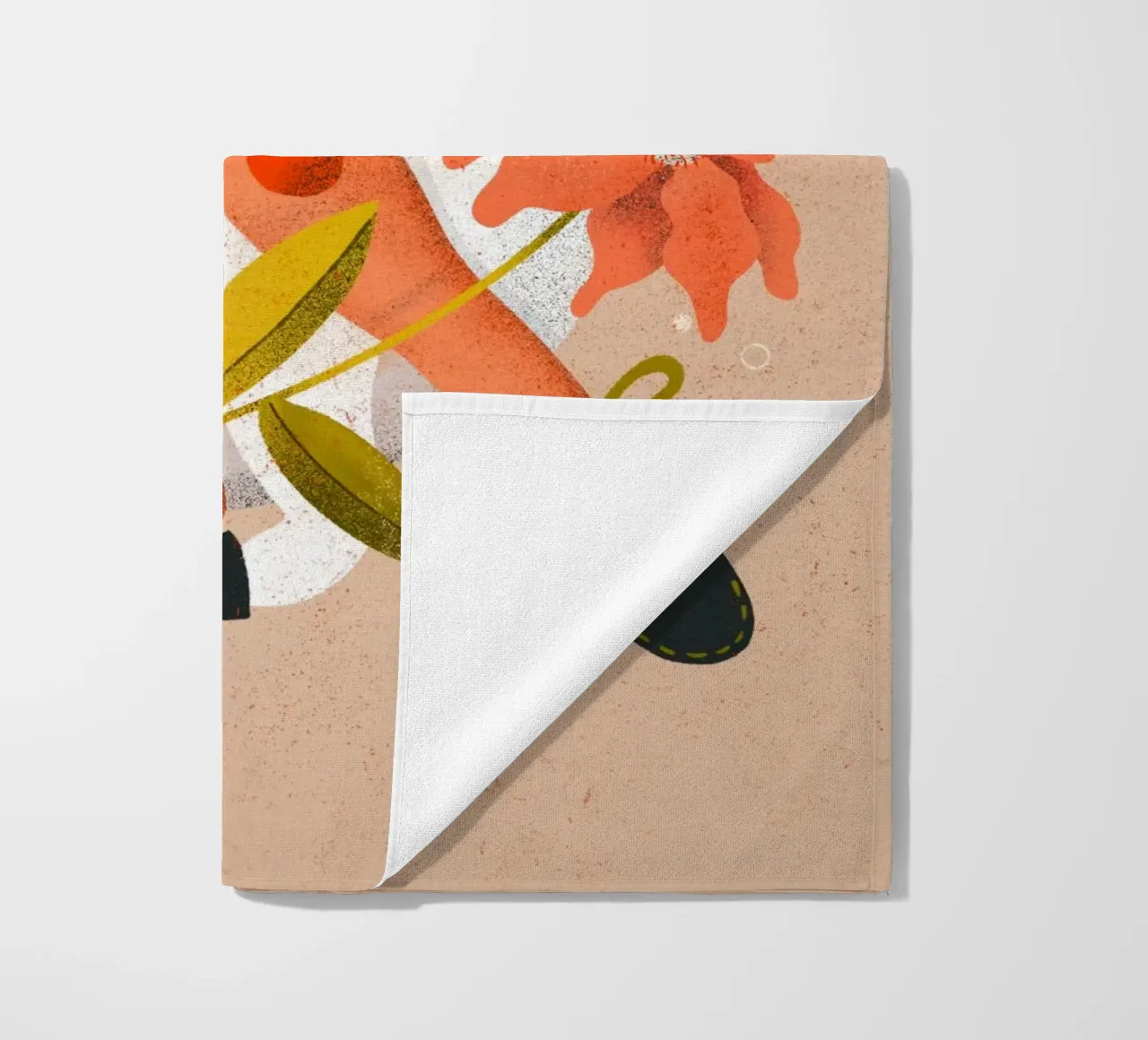 Woman dancing with big white cat with flower beach towel by Bold & Beautiful