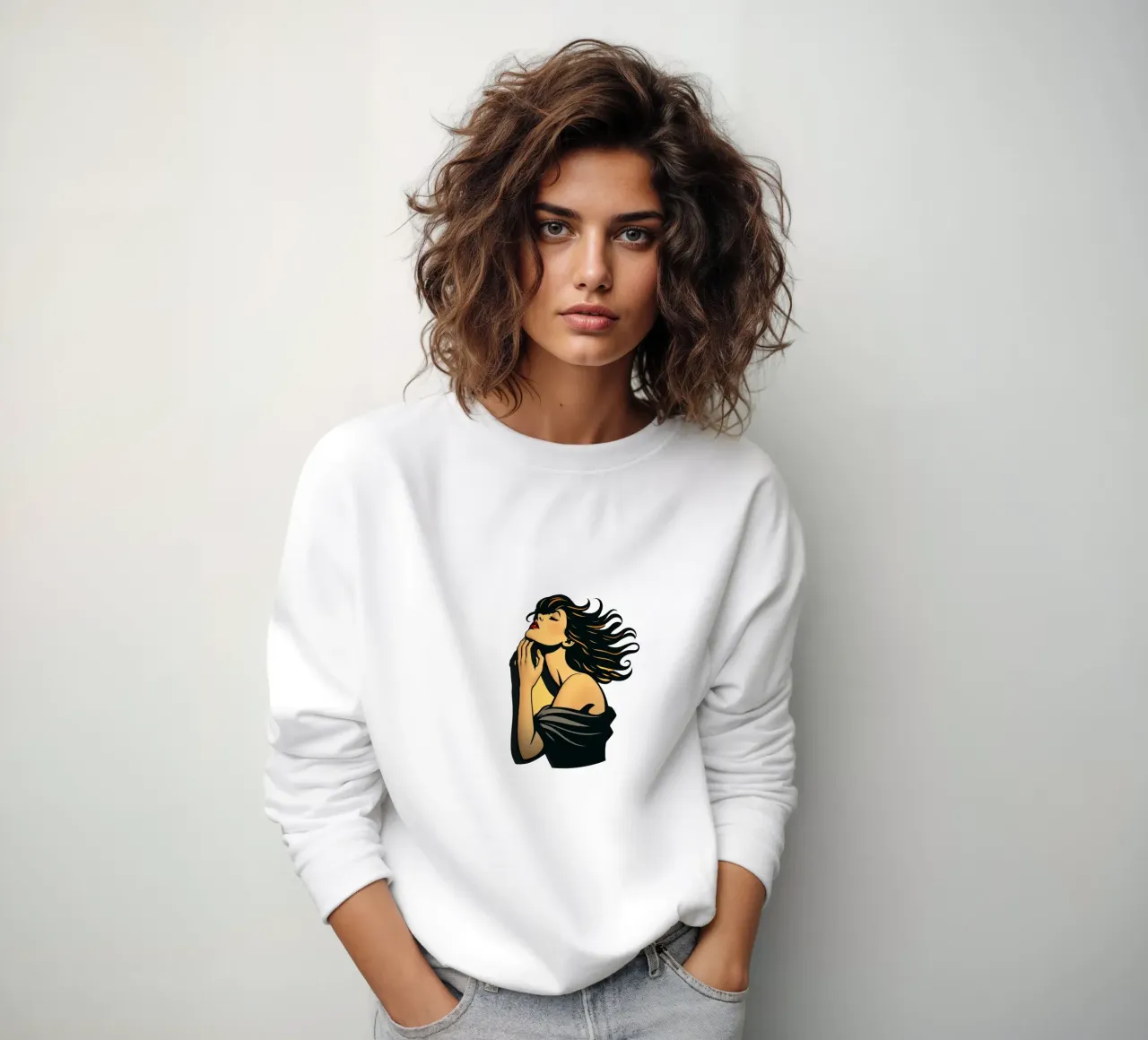 Donna elegante con capelli fluenti in profonda contemplazione contro felpa da DesignDoodle