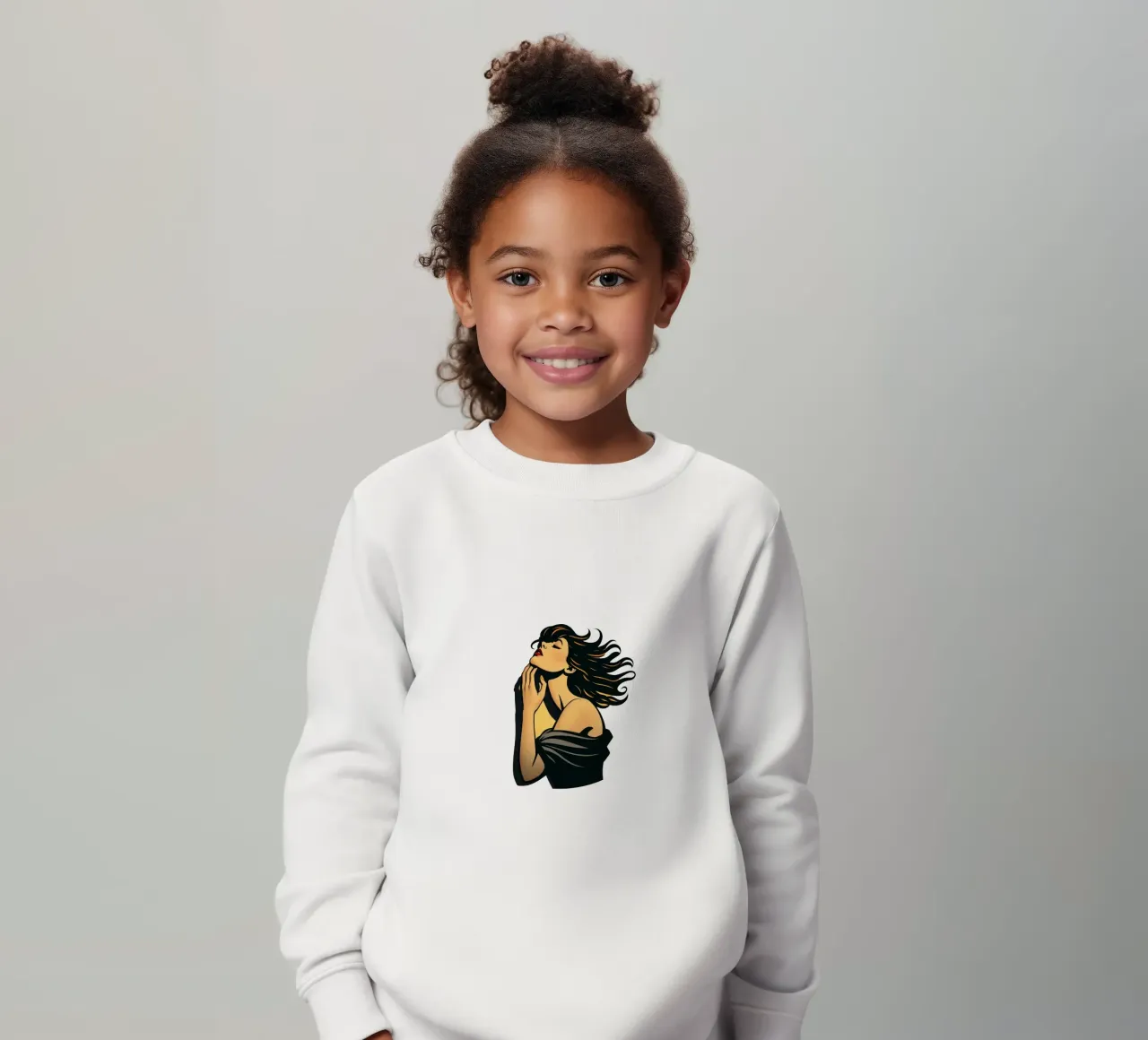 Donna elegante con capelli fluenti in profonda contemplazione contro felpa bambino da DesignDoodle