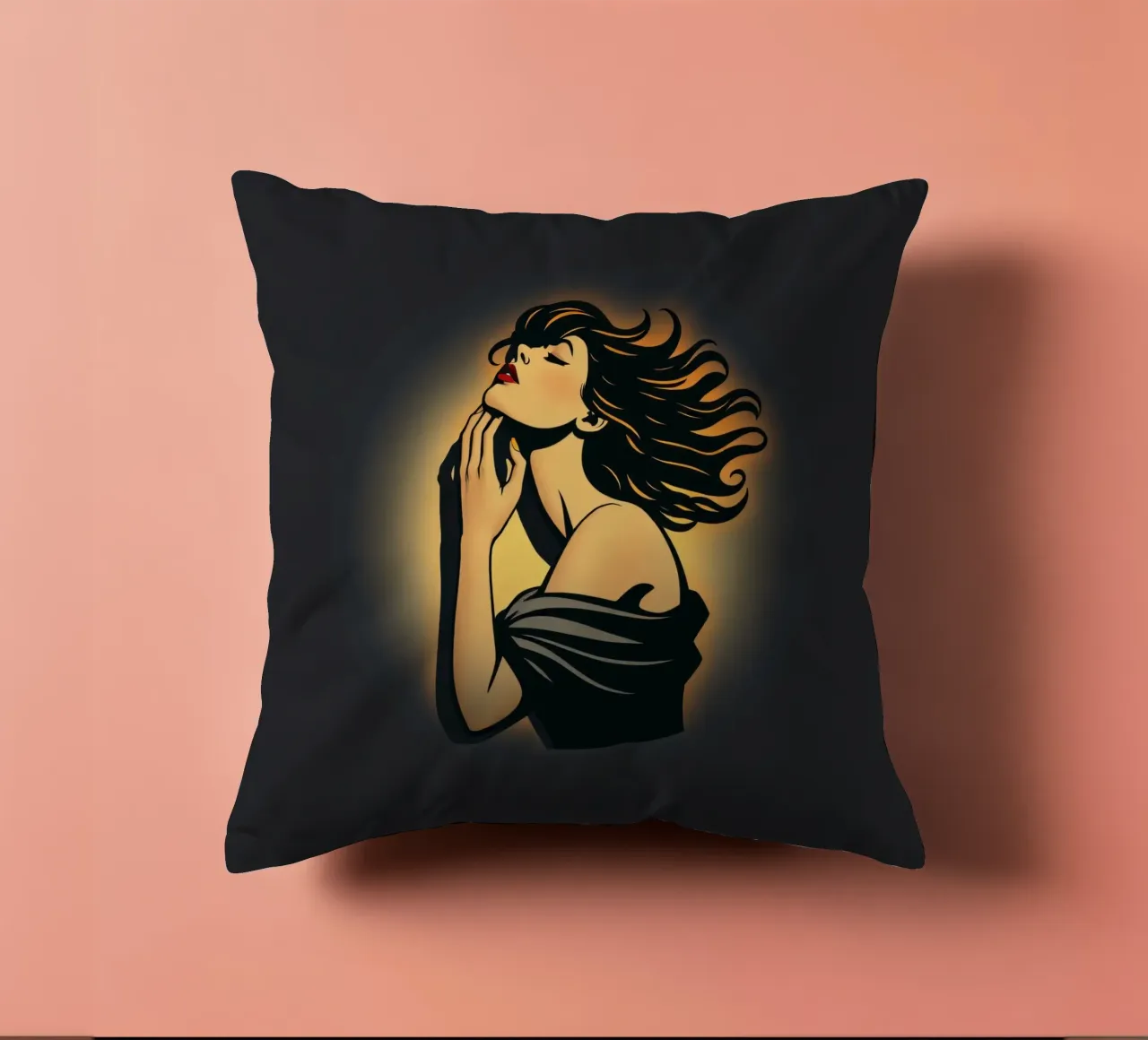 Donna elegante con capelli fluenti in profonda contemplazione contro cuscino da DesignDoodle