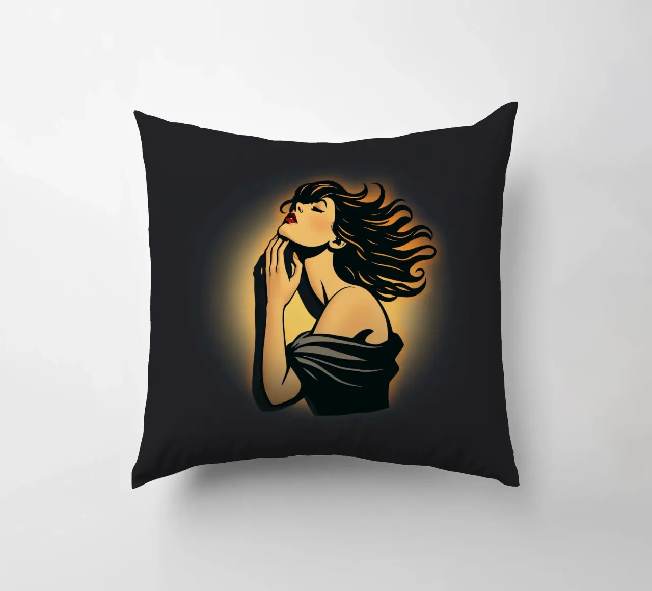 Donna elegante con capelli fluenti in profonda contemplazione contro cuscino da DesignDoodle
