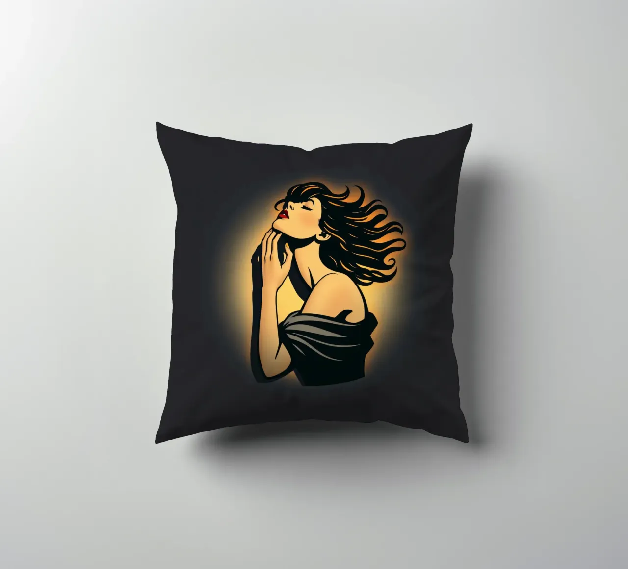 Donna elegante con capelli fluenti in profonda contemplazione contro cuscino da DesignDoodle