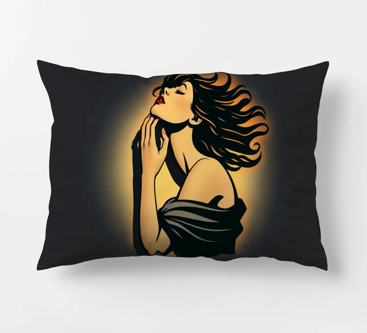 Donna elegante con capelli fluenti in profonda contemplazione contro cuscino da DesignDoodle
