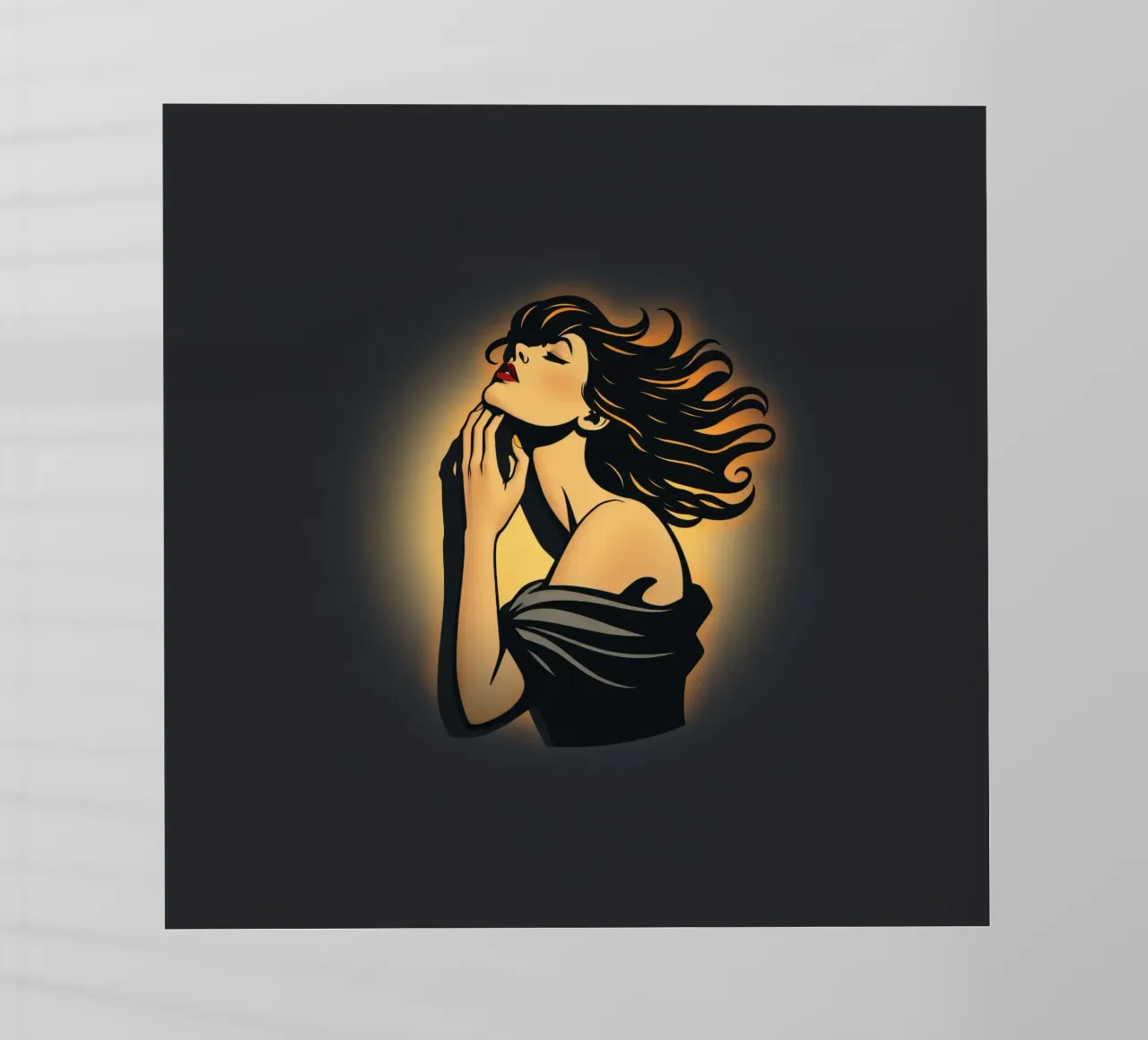 Donna elegante con capelli fluenti in profonda contemplazione contro pellicola backlit da DesignDoodle