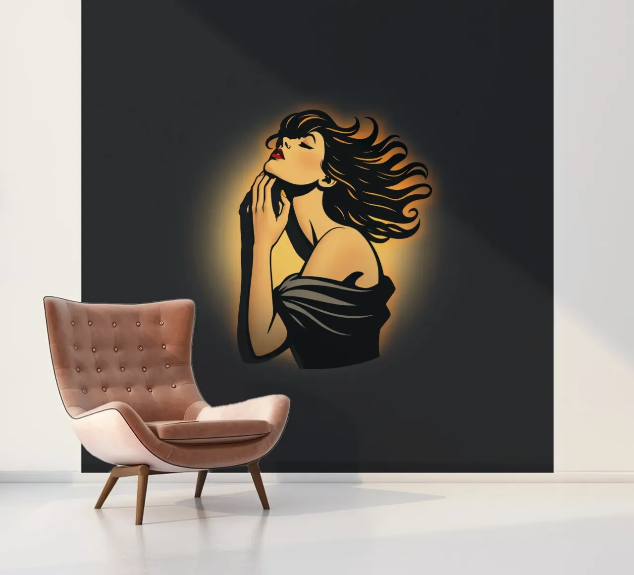Elegant woman with flowing hair in deep contemplation agains photo wallpaper by DesignDoodle