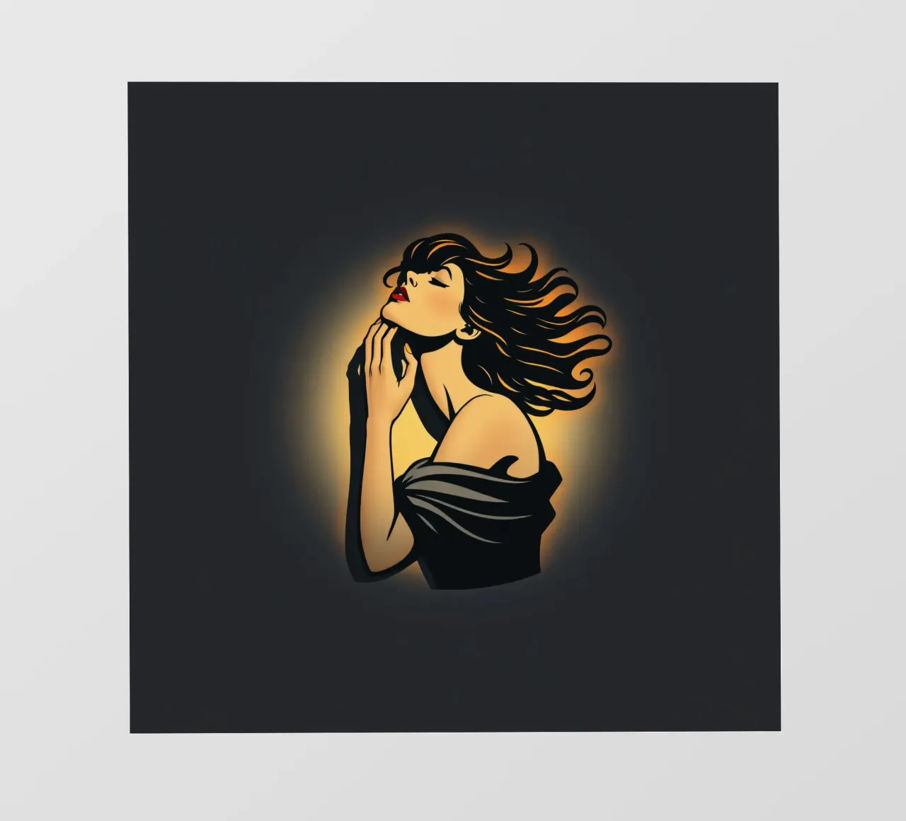 Elegant woman with flowing hair in deep contemplation agains photo wallpaper by DesignDoodle