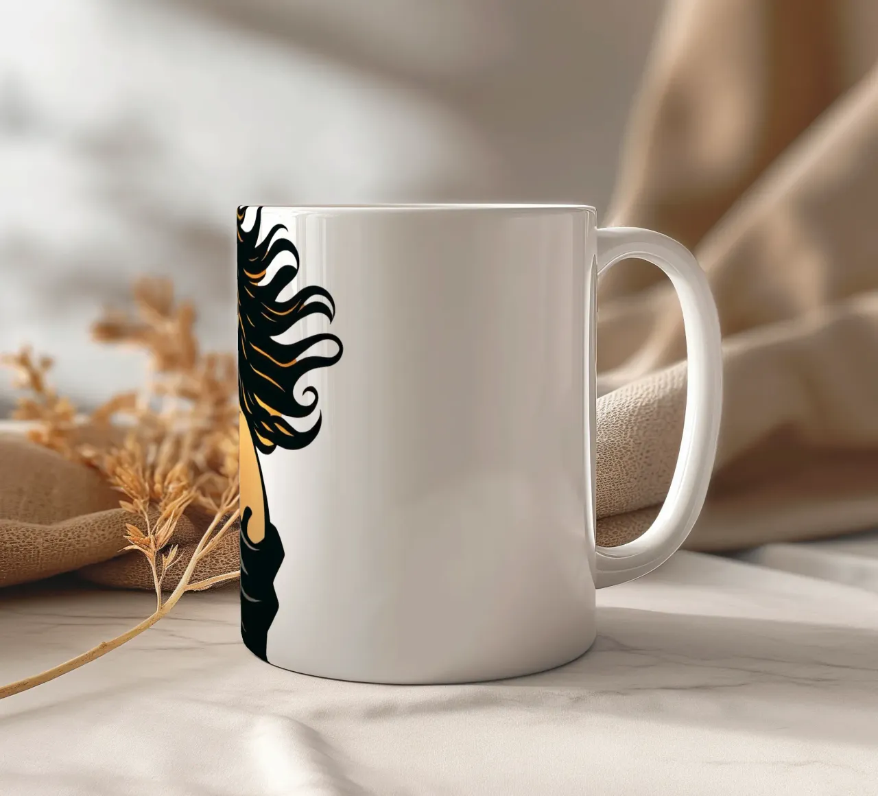 Donna elegante con capelli fluenti in profonda contemplazione contro tazza in ceramica da DesignDoodle