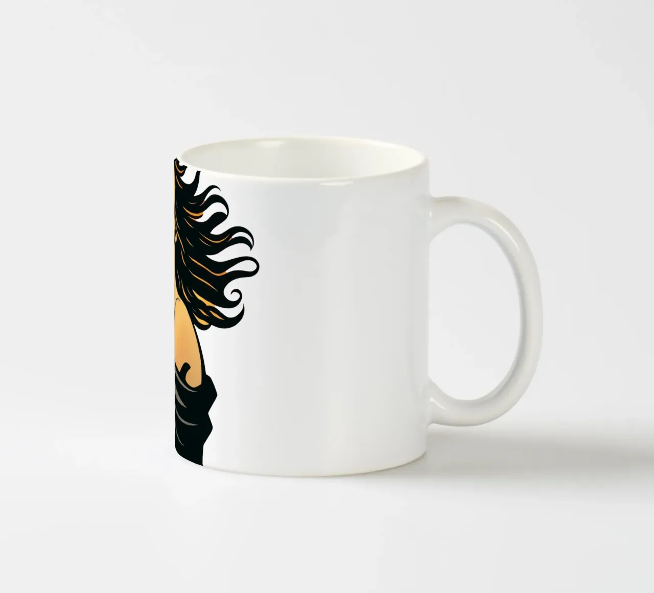 Donna elegante con capelli fluenti in profonda contemplazione contro tazza in ceramica da DesignDoodle