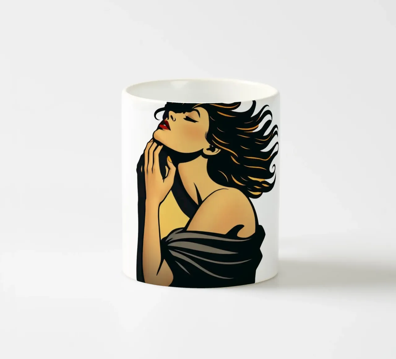 Donna elegante con capelli fluenti in profonda contemplazione contro tazza in ceramica da DesignDoodle