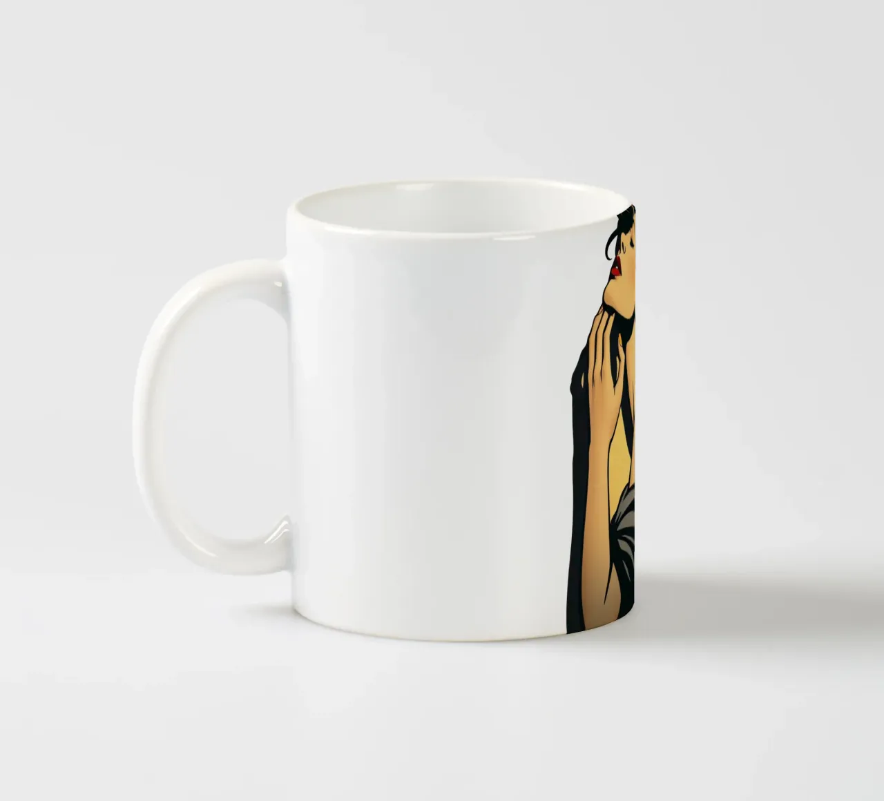 Donna elegante con capelli fluenti in profonda contemplazione contro tazza in ceramica da DesignDoodle