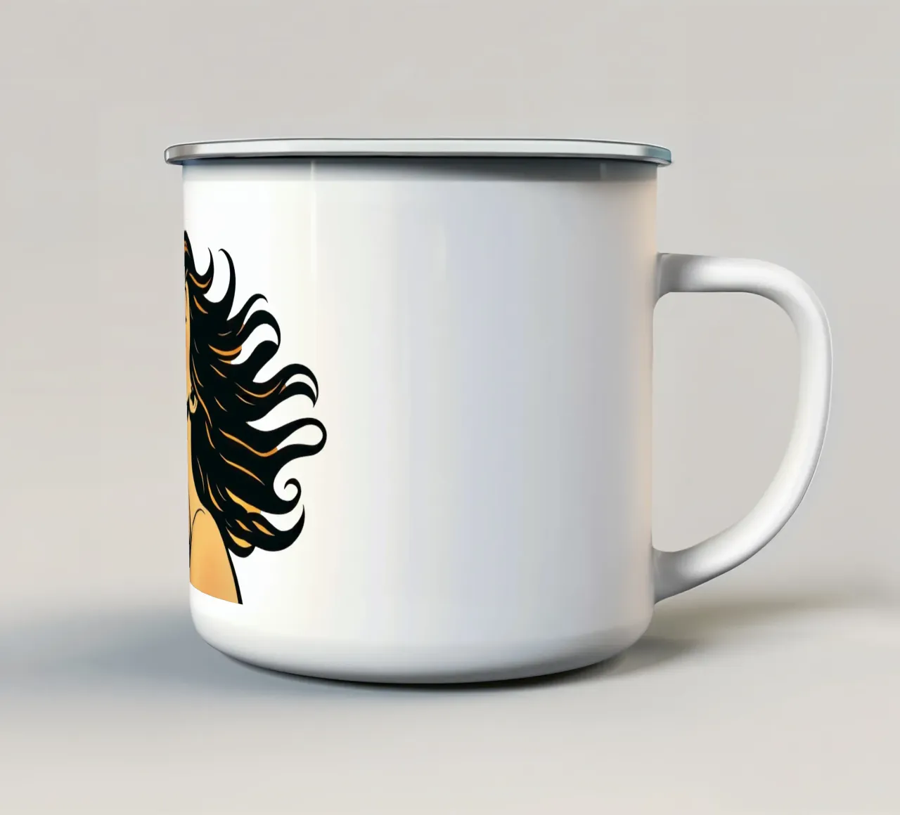 Donna elegante con capelli fluenti in profonda contemplazione contro tazza in smalto da DesignDoodle