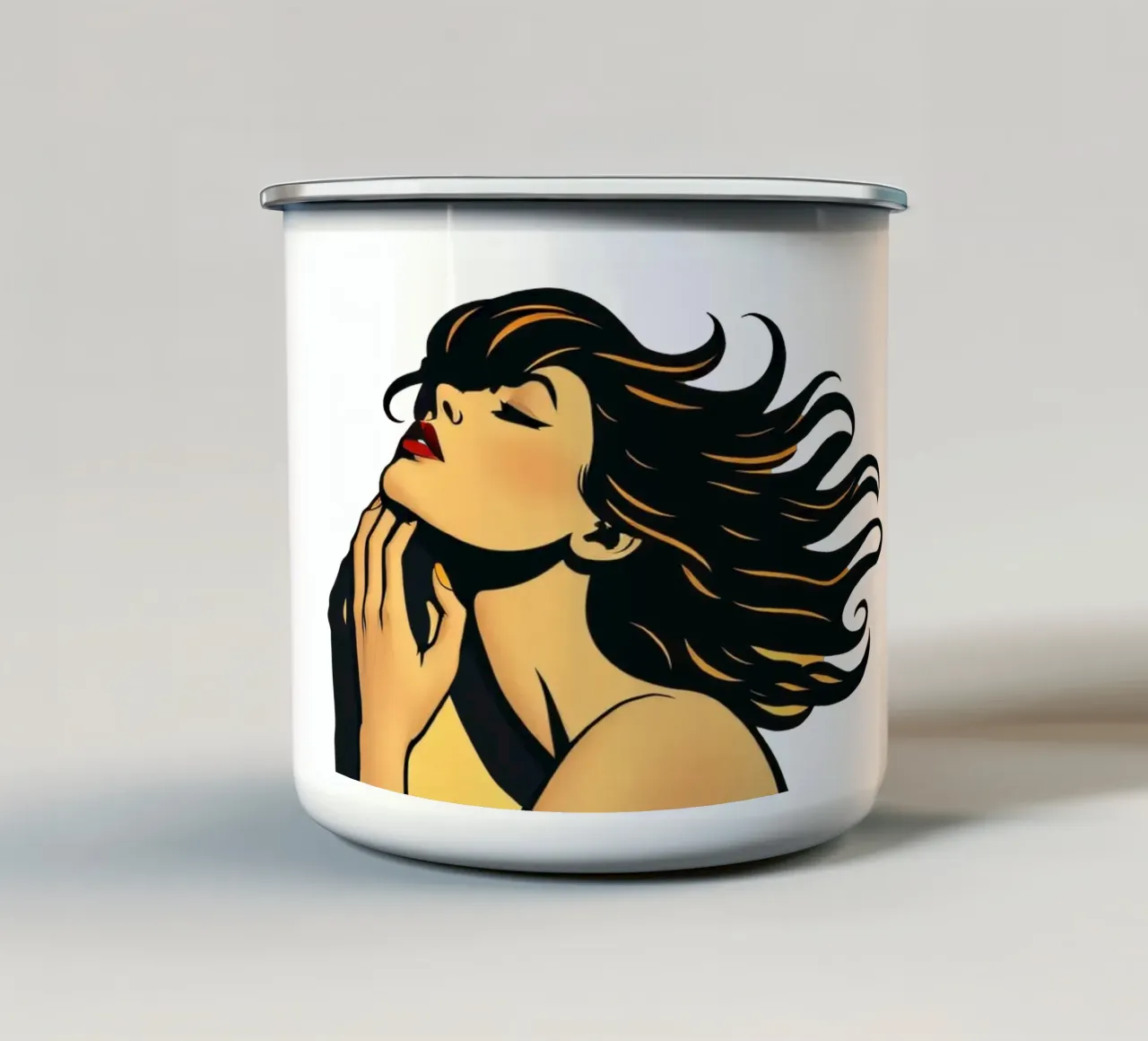 Donna elegante con capelli fluenti in profonda contemplazione contro tazza in smalto da DesignDoodle