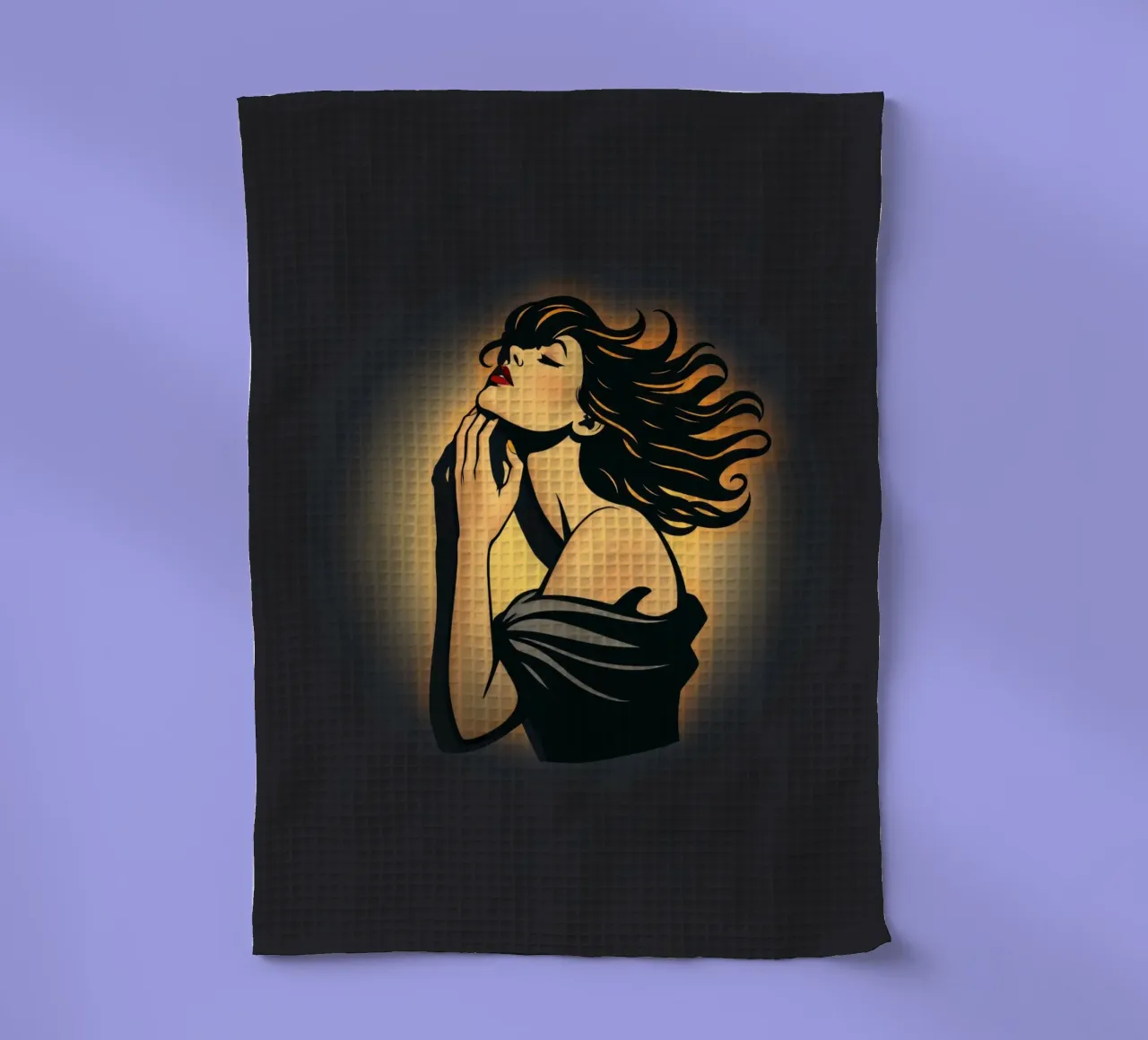 Donna elegante con capelli fluenti in profonda contemplazione contro canovaccio da cucina da DesignDoodle
