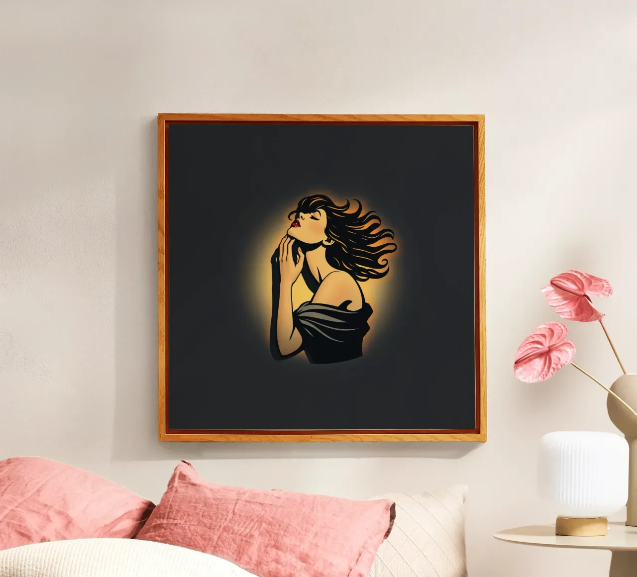 Elegant woman with flowing hair in deep contemplation agains acrylic glass by DesignDoodle