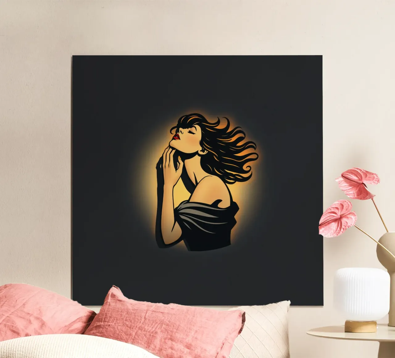 Donna elegante con capelli fluenti in profonda contemplazione contro carta hahnemühle da DesignDoodle