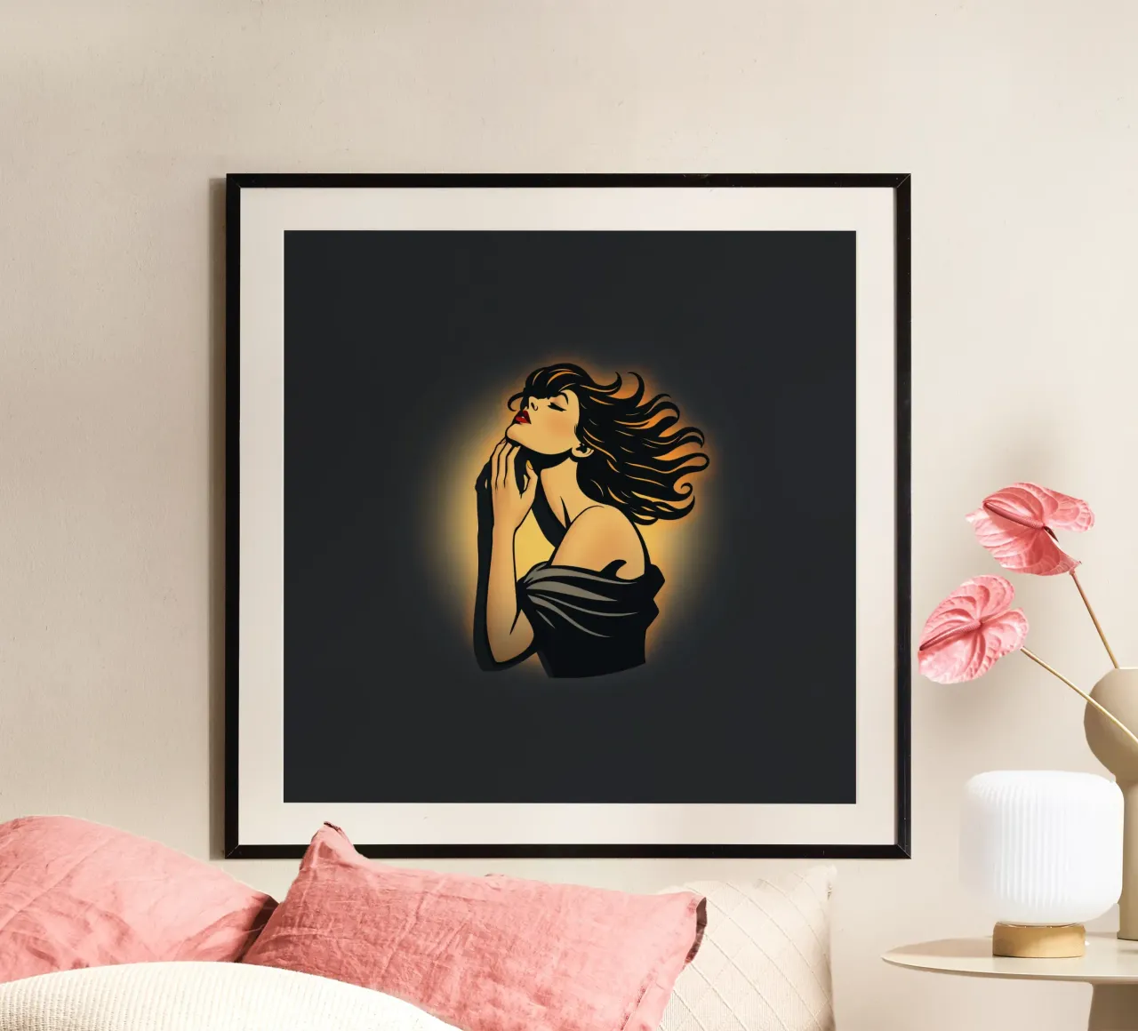 Donna elegante con capelli fluenti in profonda contemplazione contro carta hahnemühle da DesignDoodle