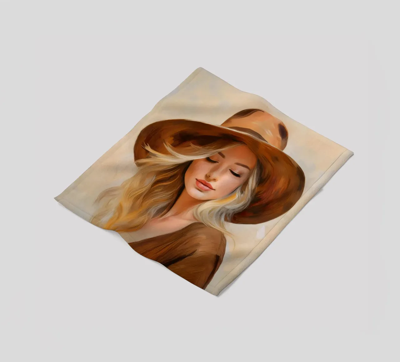 Ritratto di donna con cappello in marrone beige colori della natura coperta in pile da Take Your Art BV