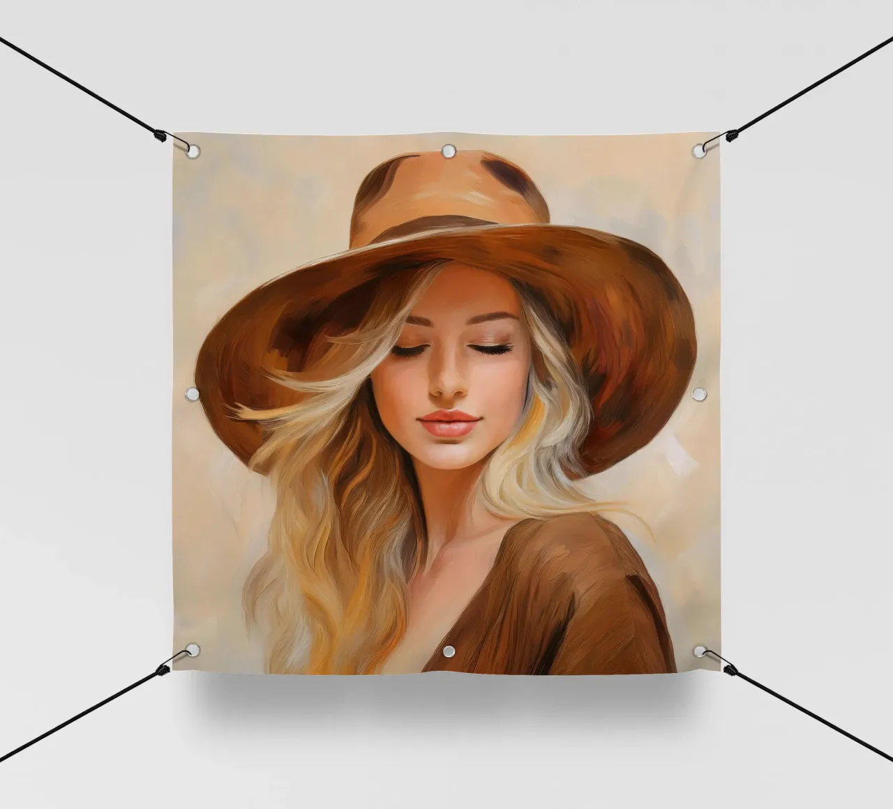 Ritratto di donna con cappello in marrone beige colori della natura telo in pvc da Take Your Art BV