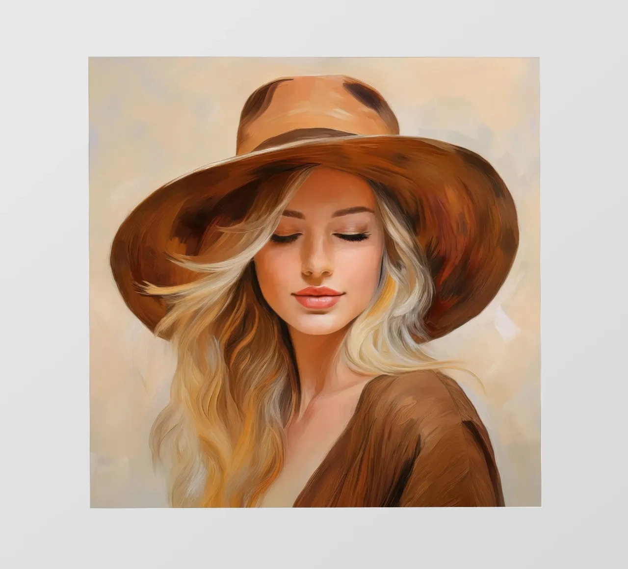 Ritratto di donna con cappello in marrone beige colori della natura telo in pvc da Take Your Art BV