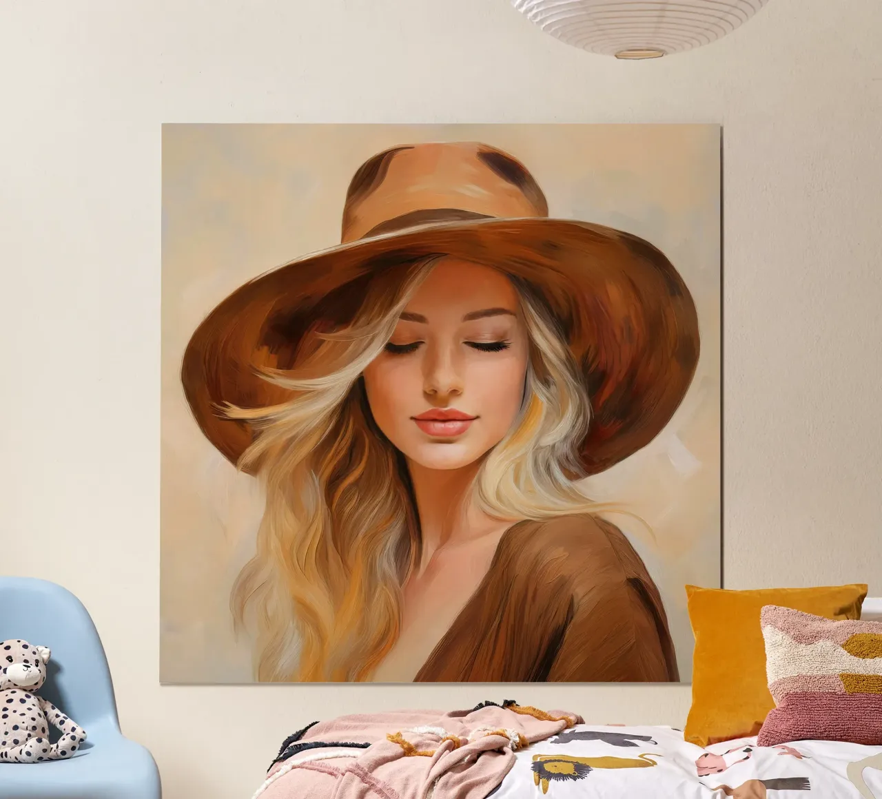 Ritratto di donna con cappello in marrone beige colori della natura carta hahnemühle da Take Your Art BV
