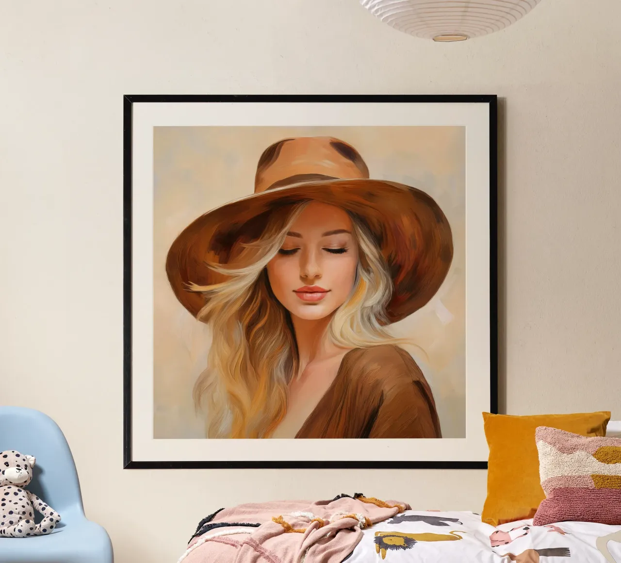 Ritratto di donna con cappello in marrone beige colori della natura carta hahnemühle da Take Your Art BV
