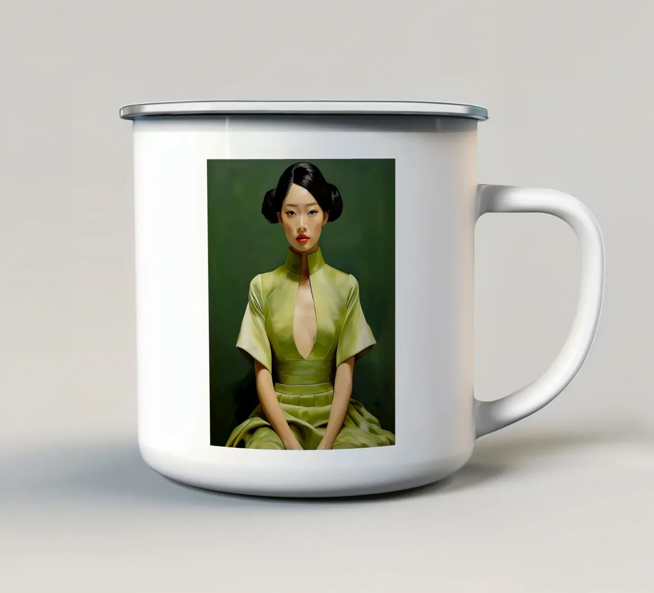 Ritratto donna giapponese in abito verde tazza in smalto da Take Your Art BV