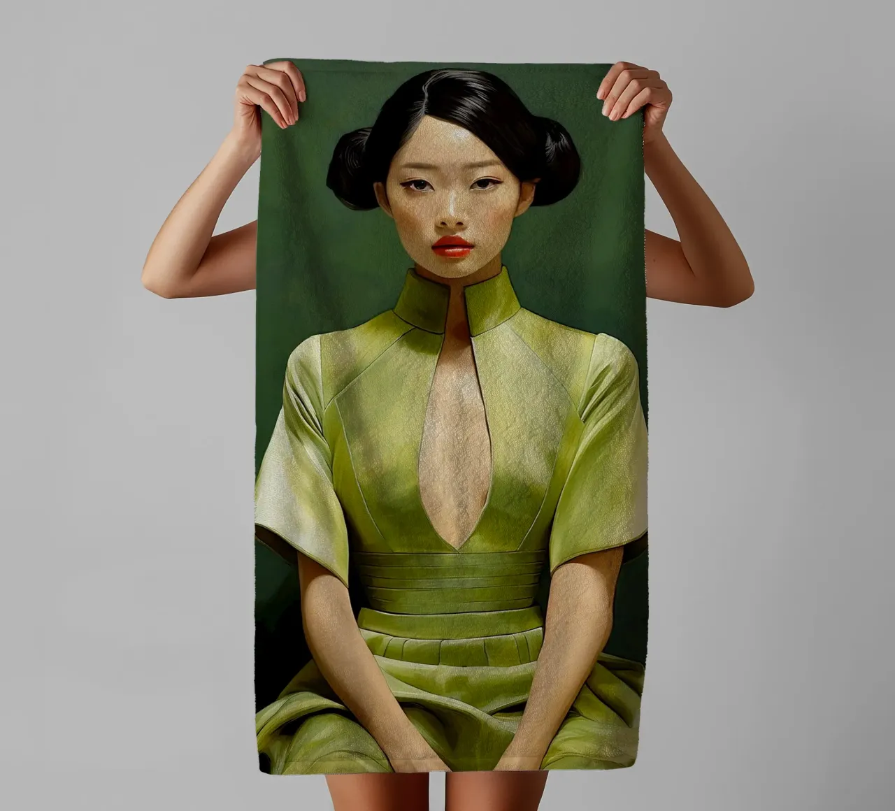 Ritratto donna giapponese in abito verde asciugamano da bagno da Take Your Art BV
